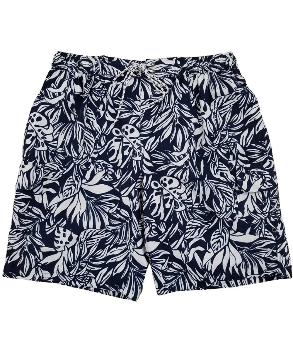 Board Shorts Mens Navy Blue & White Tropical Floral Hawaiian Swim Trunks Board Shorts - C718RG2GQQC