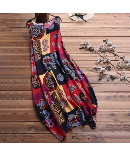 Bottoms Women Leisure O-Neck Loose 3/4 Sleeve Vintage Casual Floral Print Long Dress - Hot Pink-a - CE18U3EOKXW