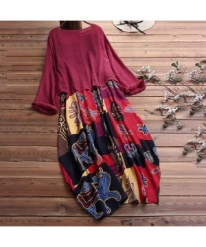 Bottoms Women Leisure O-Neck Loose 3/4 Sleeve Vintage Casual Floral Print Long Dress - Hot Pink-a - CE18U3EOKXW