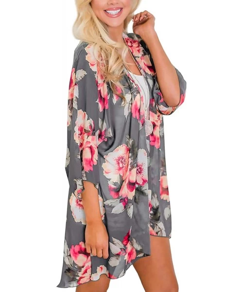 Cover-Ups Women's Flowy Summer Chiffon Kimono Cardigans Tops Boho Floral Beach Cover Ups Casual Loose Shirts - B1-gray - CT18...