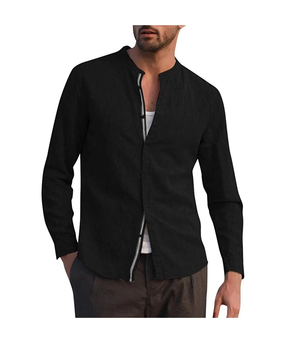 Rash Guards Fashion Men's Linen Shirts Solid Color Long Sleeve O-Neck Turn-Down Collar Shirts Casual Dress Shirt - Black - CS...