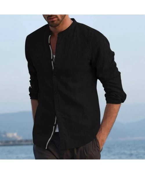 Rash Guards Fashion Men's Linen Shirts Solid Color Long Sleeve O-Neck Turn-Down Collar Shirts Casual Dress Shirt - Black - CS...