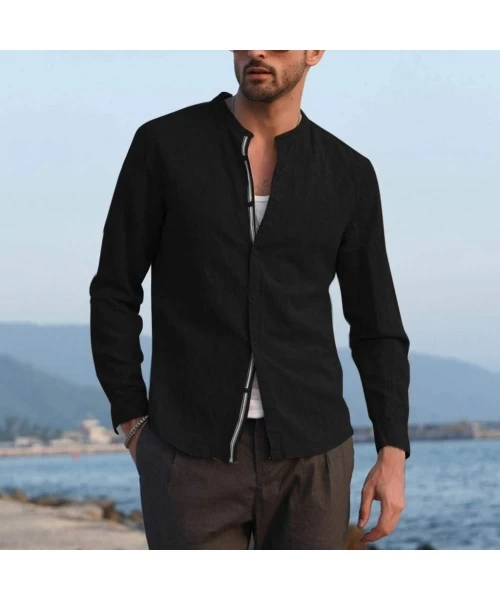 Rash Guards Fashion Men's Linen Shirts Solid Color Long Sleeve O-Neck Turn-Down Collar Shirts Casual Dress Shirt - Black - CS...