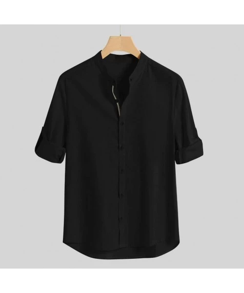 Rash Guards Fashion Men's Linen Shirts Solid Color Long Sleeve O-Neck Turn-Down Collar Shirts Casual Dress Shirt - Black - CS...