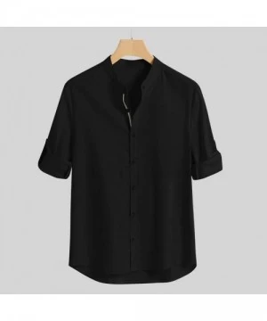 Rash Guards Fashion Men's Linen Shirts Solid Color Long Sleeve O-Neck Turn-Down Collar Shirts Casual Dress Shirt - Black - CS...