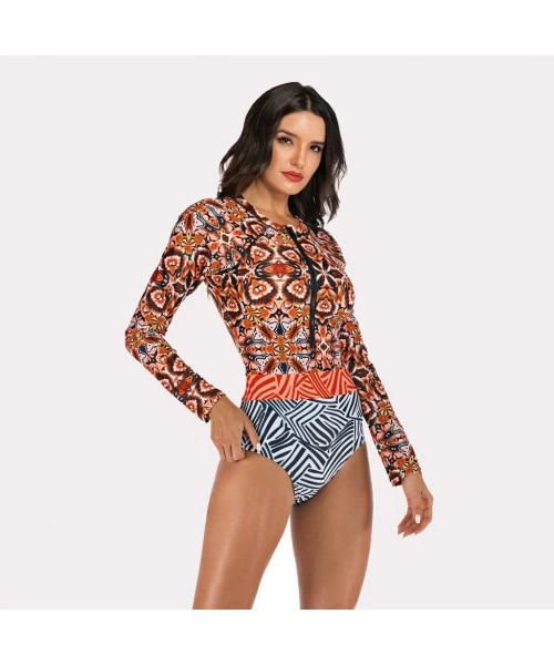 Bottoms Women Long Sleeve Swimsuit Surfing Rashguard One Piece Swimwear UV Protection Zip Triangle Bottom Bathing Suit Orange...