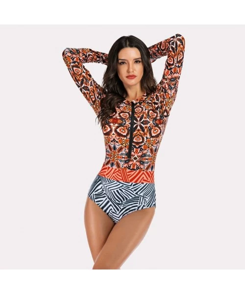 Bottoms Women Long Sleeve Swimsuit Surfing Rashguard One Piece Swimwear UV Protection Zip Triangle Bottom Bathing Suit Orange...