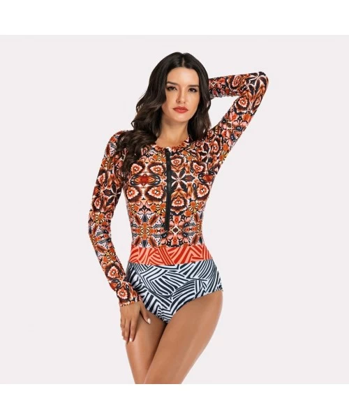 Bottoms Women Long Sleeve Swimsuit Surfing Rashguard One Piece Swimwear UV Protection Zip Triangle Bottom Bathing Suit Orange...