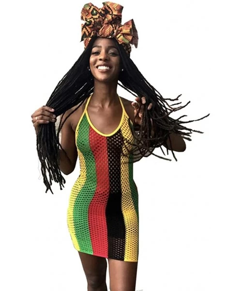 Cover-Ups Women Halter Backless Fishnet Mesh Clubwear Cover up Rasta Jamaican Mini Dress - Floral - CN18S5YLGKU