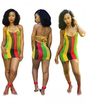 Cover-Ups Women Halter Backless Fishnet Mesh Clubwear Cover up Rasta Jamaican Mini Dress - Floral - CN18S5YLGKU