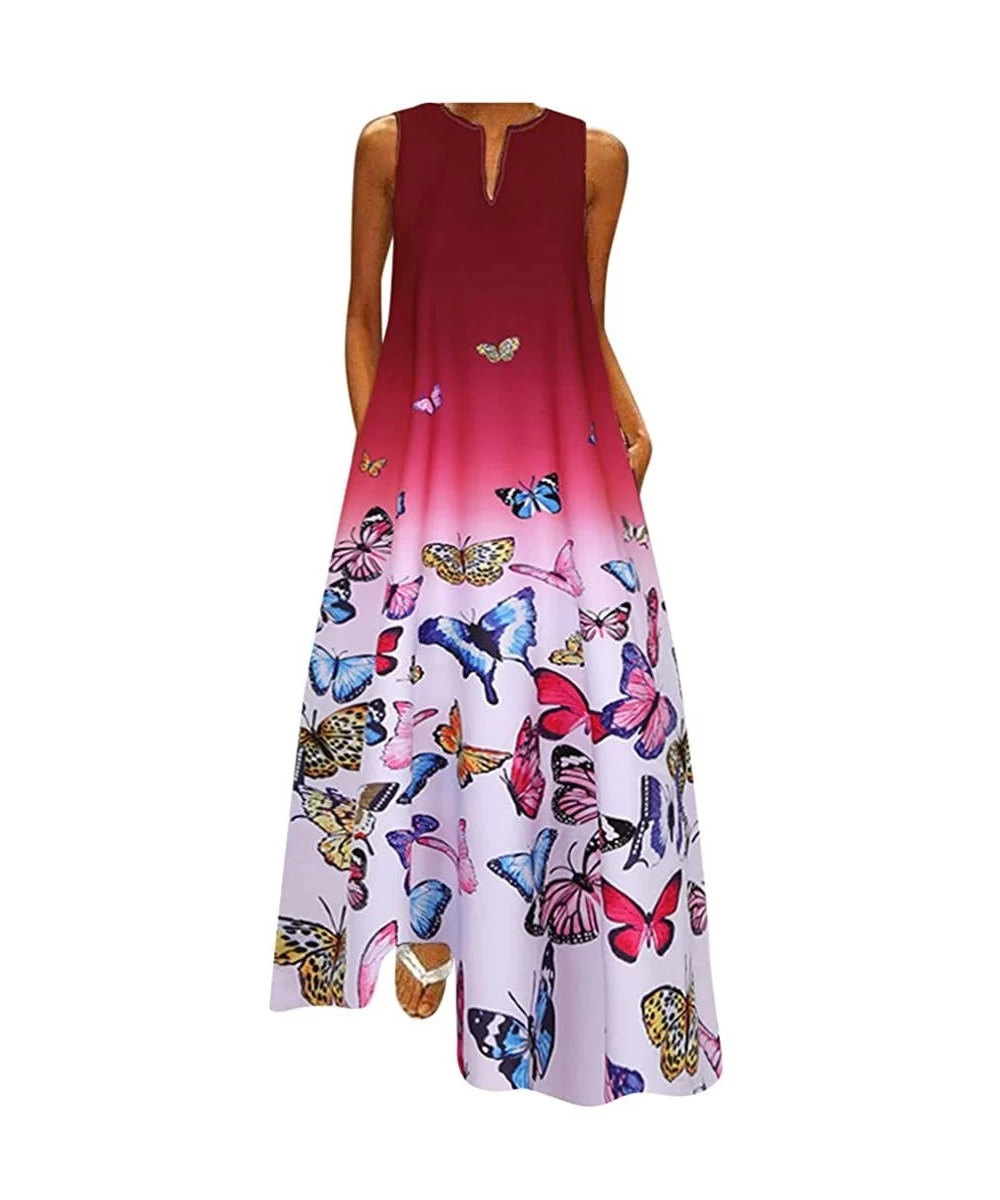 Cover-Ups Women's V-Neck Vintage Sleeveless Long Maxi Dress Butterfly Print Boho Summer Casual Loose Party Tank Swing Dresses...