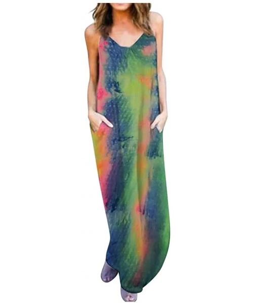 Cover-Ups Women Tie Dye Spaghetti Strap V Neck Long Cami Casual Summer Loose Beach Gradient Cover Up Maxi Dresses with Pocket...