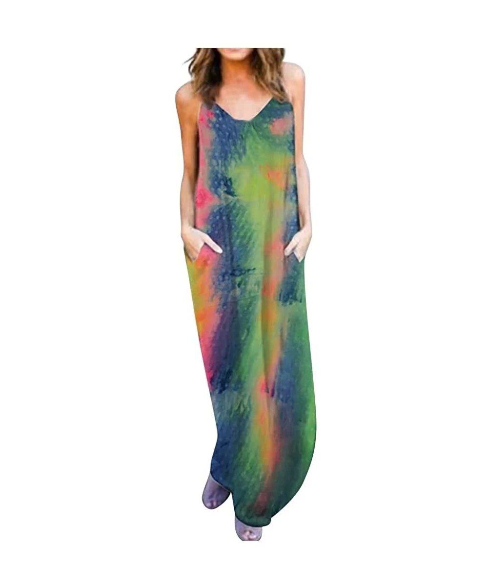 Cover-Ups Women Tie Dye Spaghetti Strap V Neck Long Cami Casual Summer Loose Beach Gradient Cover Up Maxi Dresses with Pocket...