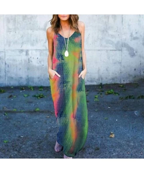 Cover-Ups Women Tie Dye Spaghetti Strap V Neck Long Cami Casual Summer Loose Beach Gradient Cover Up Maxi Dresses with Pocket...