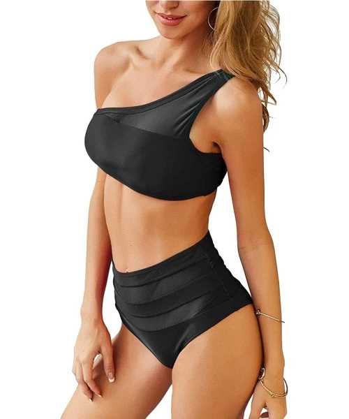 Sets Womens One Shoulder Mesh Patchwork High Waisted 2 Pieces Swimwear - Black - CA18TC582G8