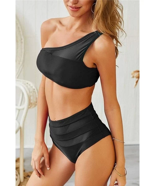 Sets Womens One Shoulder Mesh Patchwork High Waisted 2 Pieces Swimwear - Black - CA18TC582G8