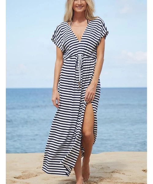 Cover-Ups Women Loose Kaftan Swimsuit Cover Up Beach Long Casual Caftan Dress - Stripe3 - C518GAOZHWH