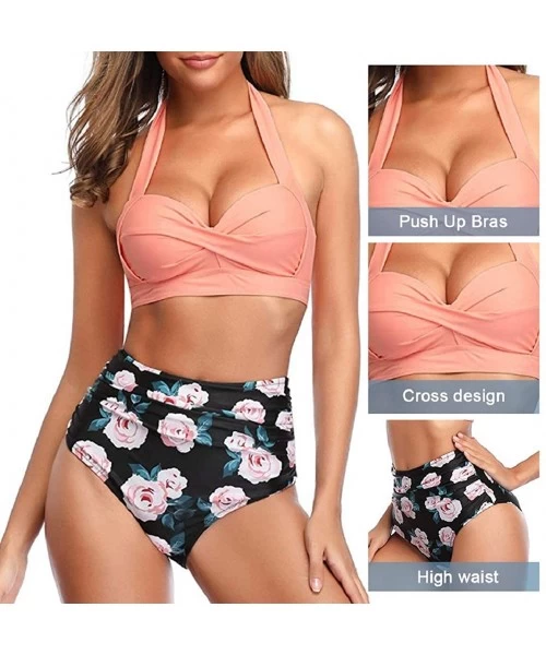 Sets High Waiste Sling Swimsuit Hanging Neck Back Adjustable Bikini Set Fashion Floral Swimwear for Women - E - CI196QY36MK