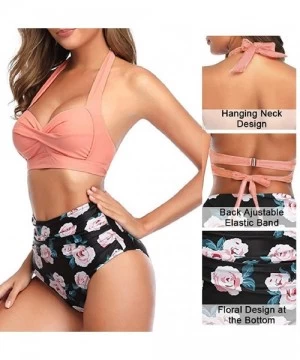 Sets High Waiste Sling Swimsuit Hanging Neck Back Adjustable Bikini Set Fashion Floral Swimwear for Women - E - CI196QY36MK