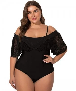 One-Pieces Women's Plus Size Convertible Off Shoulder Strap Lace One Piece Swimsuit - Black - CT19363AM6O