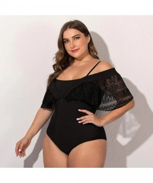 One-Pieces Women's Plus Size Convertible Off Shoulder Strap Lace One Piece Swimsuit - Black - CT19363AM6O