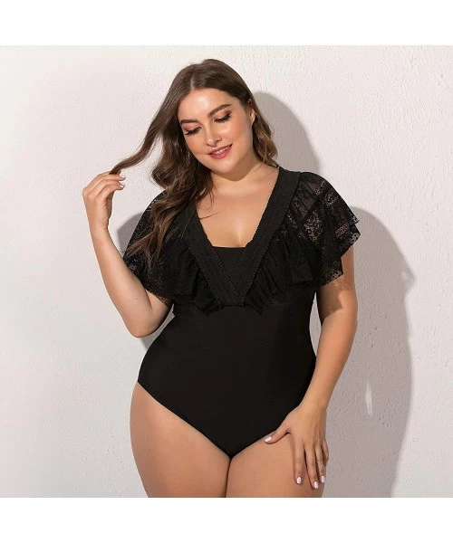 One-Pieces Women's Plus Size Convertible Off Shoulder Strap Lace One Piece Swimsuit - Black - CT19363AM6O