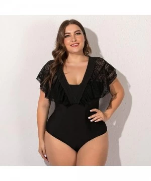 One-Pieces Women's Plus Size Convertible Off Shoulder Strap Lace One Piece Swimsuit - Black - CT19363AM6O