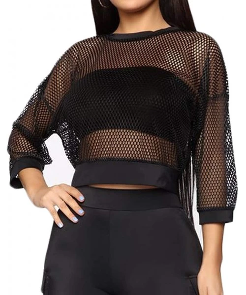 Cover-Ups Women Fishnet Crop Top Sexy Mesh See Through T Shirts Swimwear Cover Up - Black - C218SIZUGXL