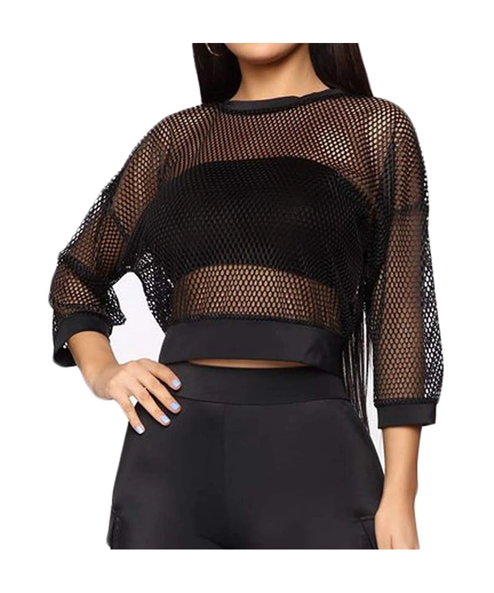 Cover-Ups Women Fishnet Crop Top Sexy Mesh See Through T Shirts Swimwear Cover Up - Black - C218SIZUGXL