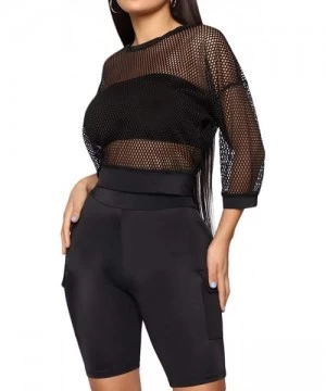 Cover-Ups Women Fishnet Crop Top Sexy Mesh See Through T Shirts Swimwear Cover Up - Black - C218SIZUGXL