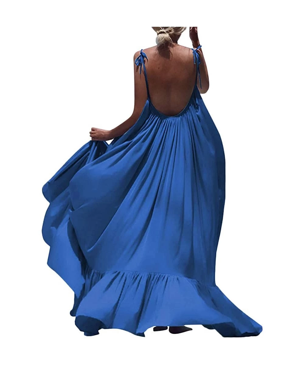 Bottoms Long Maxi Dress Backless Sleeveless Everning Party Beach Dresses High Waist Sexy Casual Loose Beach Dresses Blue - CZ...