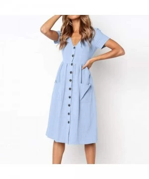 Board Shorts Womens Holiday Summer Beach Solid Short Sleeve Buttons Party Dress - Light Blue - CZ18S9CXN0N