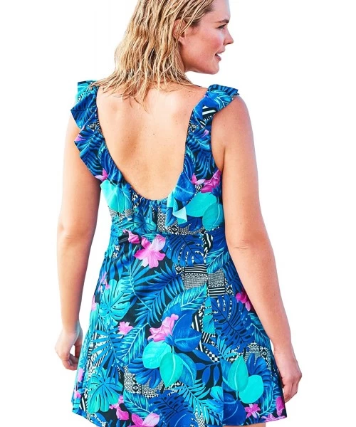 One-Pieces Women's Plus Size Ruffle-Neck Swim Dress Swimsuit - Royal Blue Floral (0889) - CZ18M5LIEDG