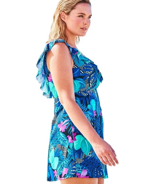 One-Pieces Women's Plus Size Ruffle-Neck Swim Dress Swimsuit - Royal Blue Floral (0889) - CZ18M5LIEDG