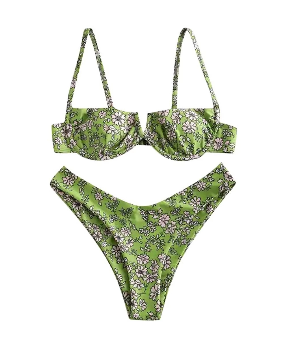 Sets Women Flower Printed High Cut Two-Piece Bikini Set Swimwear Swimsuit Beachwear - Green - CF199IGWLGG