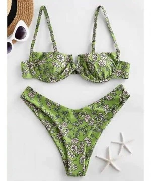 Sets Women Flower Printed High Cut Two-Piece Bikini Set Swimwear Swimsuit Beachwear - Green - CF199IGWLGG