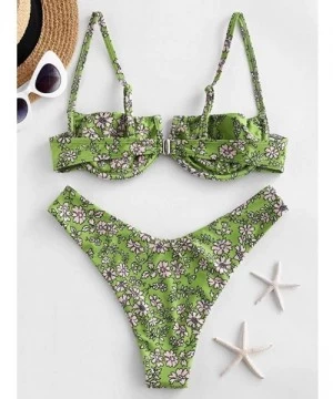 Sets Women Flower Printed High Cut Two-Piece Bikini Set Swimwear Swimsuit Beachwear - Green - CF199IGWLGG