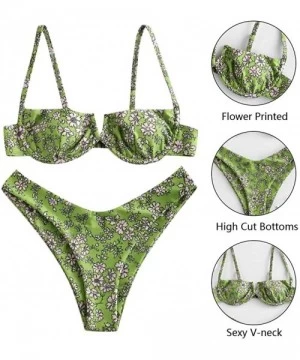 Sets Women Flower Printed High Cut Two-Piece Bikini Set Swimwear Swimsuit Beachwear - Green - CF199IGWLGG