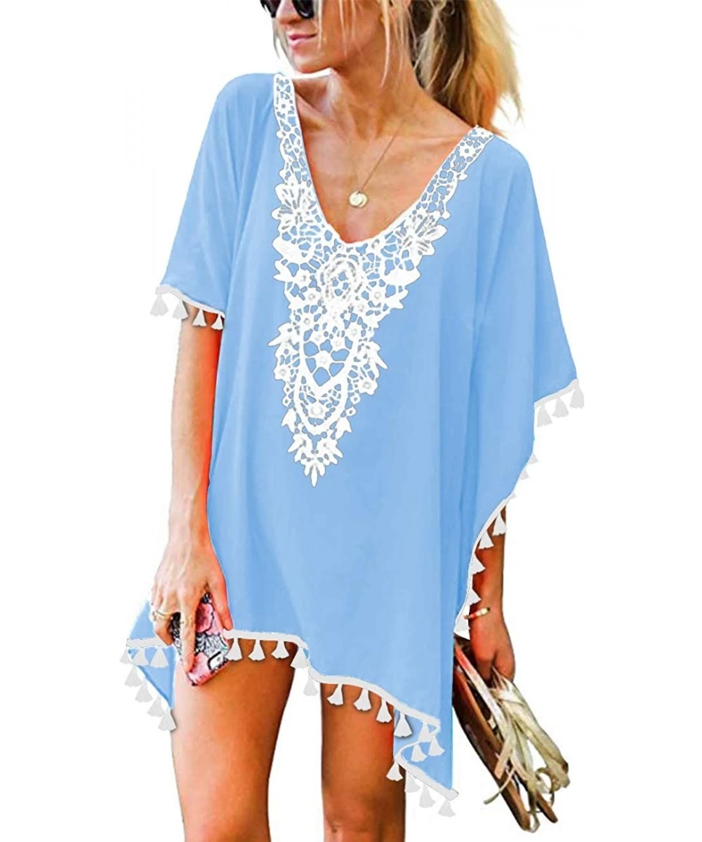 Cover-Ups Women's Crochet Chiffon Tassel Swimsuit Beach Bikini Cover Ups for Swimwear - A6-sky Blue - C418NNCD8MU