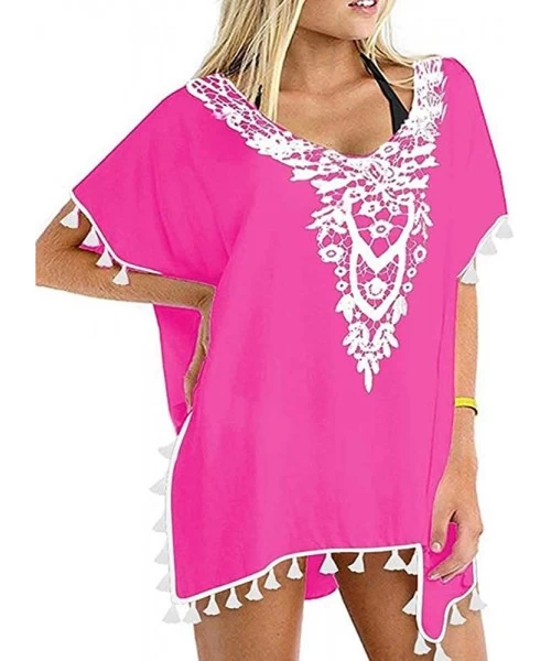 Cover-Ups Women Swimwear Dress Cover Up V Neck Bikini with Tassel - Pink - CJ193MUR9YT