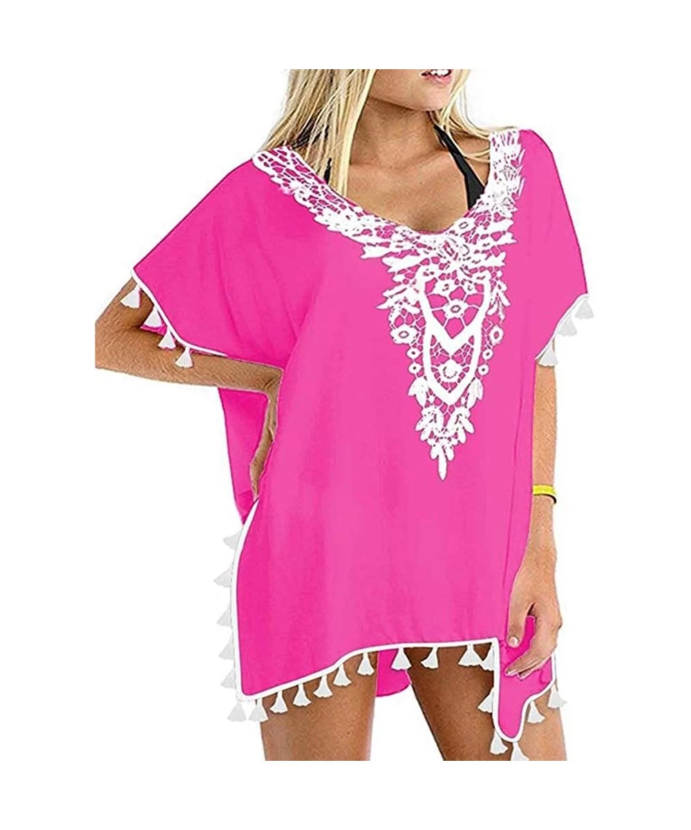 Cover-Ups Women Swimwear Dress Cover Up V Neck Bikini with Tassel - Pink - CJ193MUR9YT