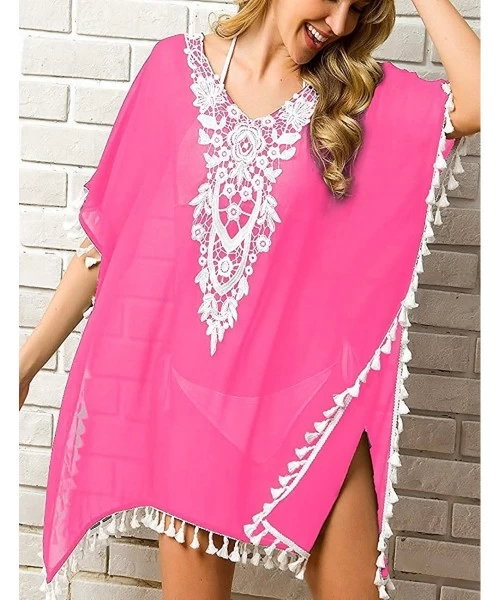 Cover-Ups Women Swimwear Dress Cover Up V Neck Bikini with Tassel - Pink - CJ193MUR9YT