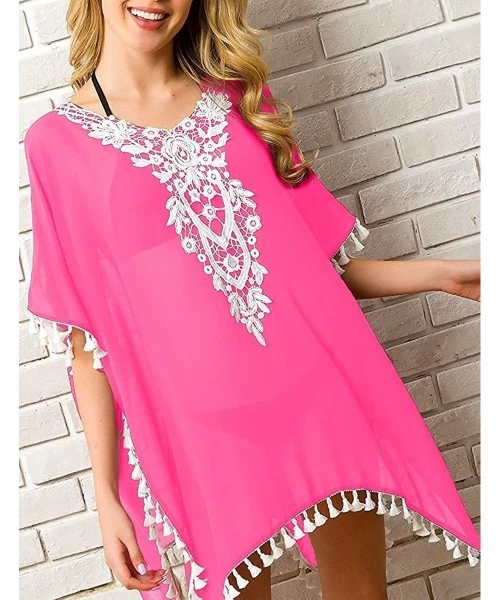 Cover-Ups Women Swimwear Dress Cover Up V Neck Bikini with Tassel - Pink - CJ193MUR9YT