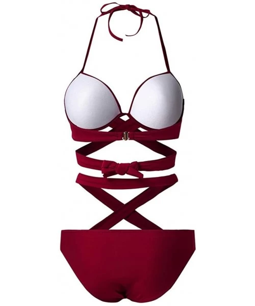 Sets Women Push-Up Two-Piece Swimsuit Sexy High Cut Bathing Suit Swimwear Bikini Set Tankini - Wine - C1190HTOTZO