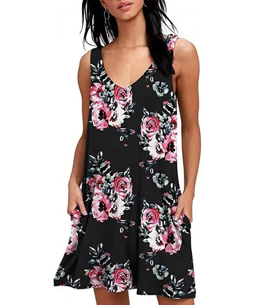 Cover-Ups Women Summer Floral Print Casual T Shirt Dresses Beach Cover Up Plain Pleated Tank Dress - Floral Black - CI18QG56AEY