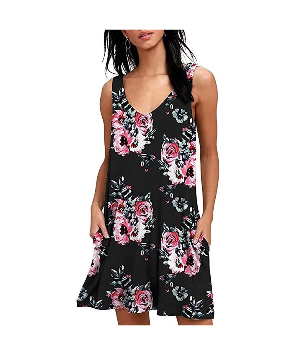 Cover-Ups Women Summer Floral Print Casual T Shirt Dresses Beach Cover Up Plain Pleated Tank Dress - Floral Black - CI18QG56AEY