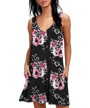 Cover-Ups Women Summer Floral Print Casual T Shirt Dresses Beach Cover Up Plain Pleated Tank Dress - Floral Black - CI18QG56AEY