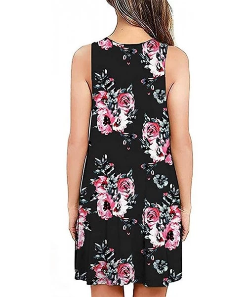 Cover-Ups Women Summer Floral Print Casual T Shirt Dresses Beach Cover Up Plain Pleated Tank Dress - Floral Black - CI18QG56AEY