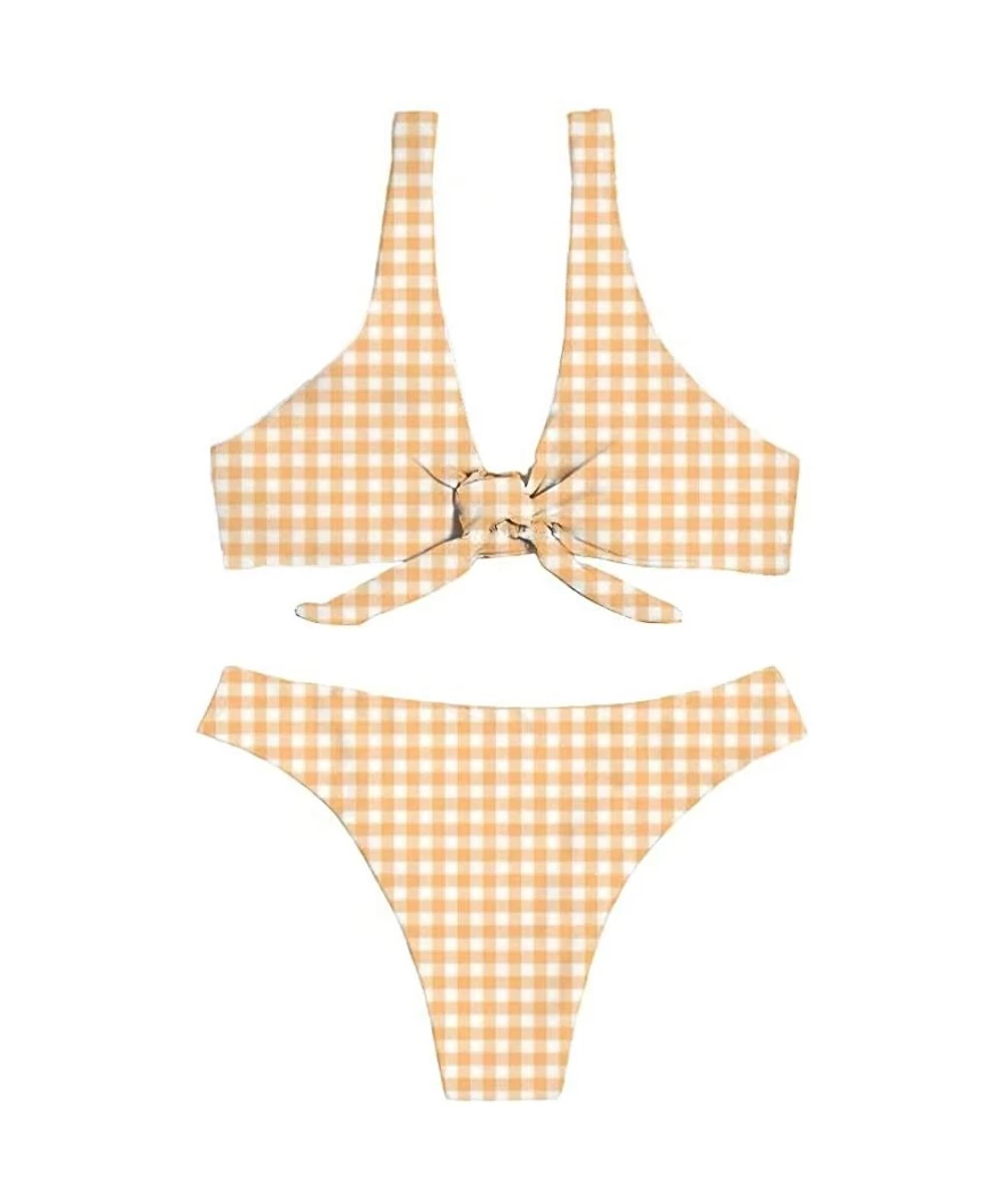 Sets Women Sexy Knotted Padded Thong Bikini Swimsuit Gingham Lattice Beach Swimwear - Yellow - CE18QY30X3R