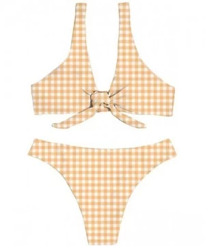 Sets Women Sexy Knotted Padded Thong Bikini Swimsuit Gingham Lattice Beach Swimwear - Yellow - CE18QY30X3R